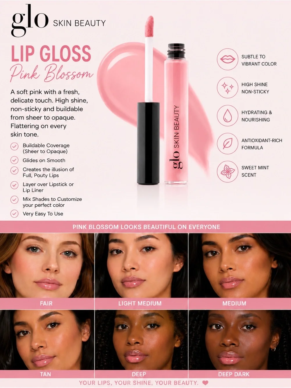Glo Skin Beauty Lip Gloss Pink Blossom Hydrating High Shine Gloss New